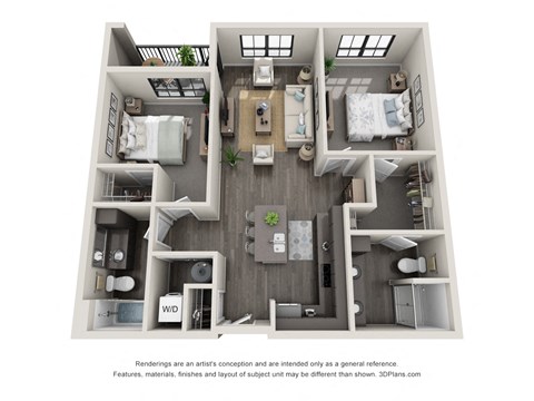 Floor plan for 2 beds, 2 baths, 1053 sqft